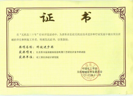 化工學會科技進步獎（扎倉茶卡鹽湖鹵水綜合利用工藝研究中間試驗）