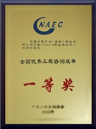 中國(guó)水電礦業(yè)（老撾）鉀鹽有限公司萬(wàn)象120kt/a鉀鹽項(xiàng)目可行性研究報(bào)告—全國(guó)優(yōu)秀工程咨詢成果一等獎(jiǎng)